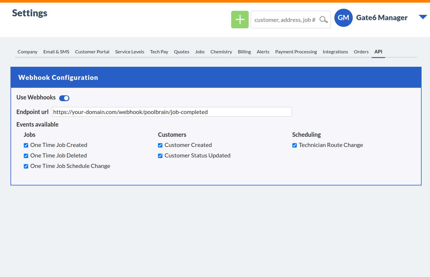 Pool Brain — Settings > API > Webhooks dashboard